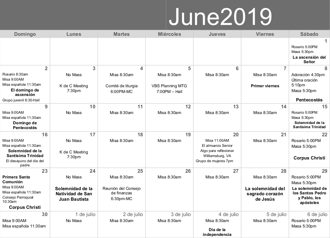 June 2019 Calendar Spanish Our Lady of the Blessed Sacrament