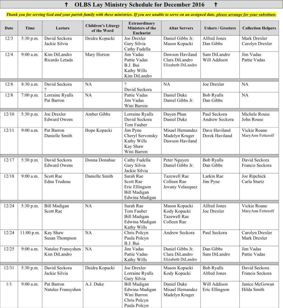 December 2016 Lay Ministry Schedule | Our Lady of the Blessed Sacrament ...