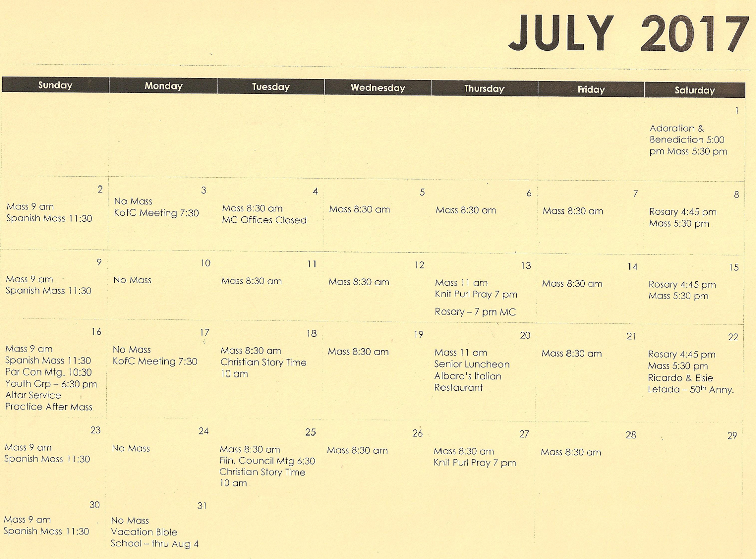 July 2017 Calendar Our Lady of the Blessed Sacrament Catholic Church