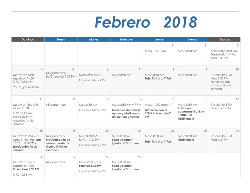 Spanish February 2018 Calendar Our Lady of the Blessed Sacrament