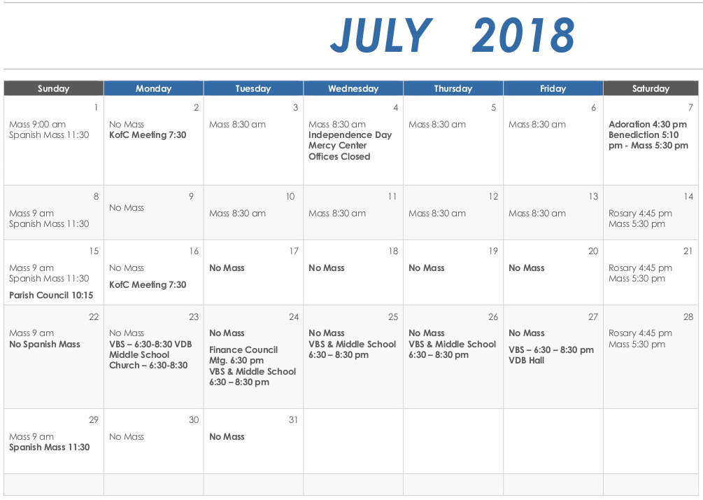 July 2018 Calendar Our Lady of the Blessed Sacrament Catholic Church