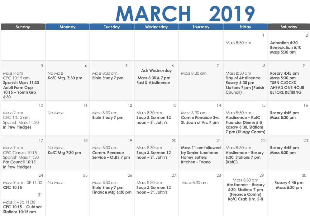 March 2019 Calendar | Our Lady of the Blessed Sacrament Catholic Church