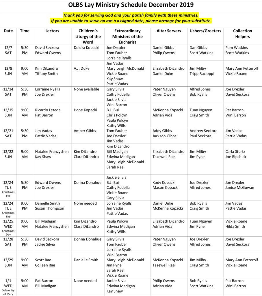 Schedule for Ministers, Lectors, Altar Servers, Ushers