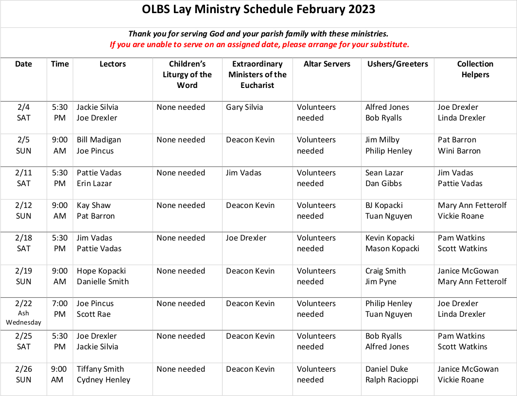 Lay Ministers Schedule | Our Lady of the Blessed Sacrament Catholic Church